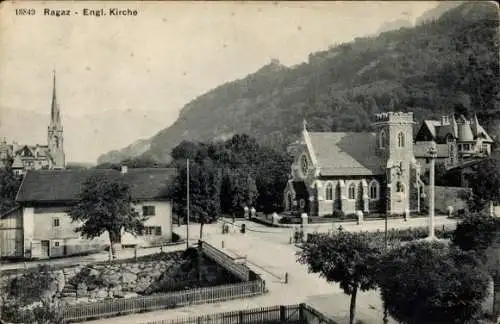 Ak Bad Ragaz Kanton St. Gallen, Englische Kirche, Berglandschaft,  Architektur