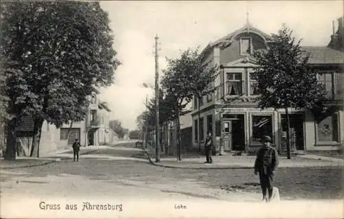 Ak Ahrensburg in Holstein, Historische Straße, Gebäude, Bäume, Menschen auf der Straße