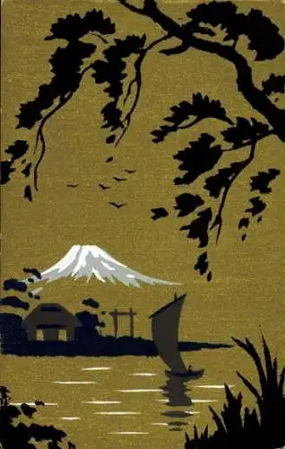 Ak Japan, Bergspitze, Segelboot, Wohnhaus