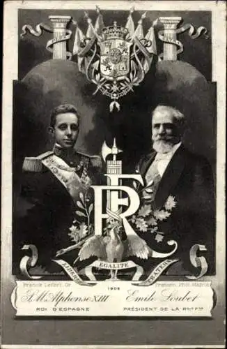 Ak Alfonso XIII, König Alfons XIII. von Spanien, Emile Loubet, Staatstreffen 1905