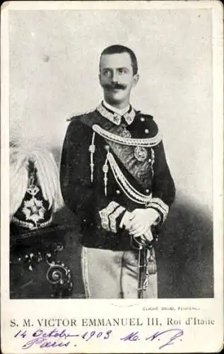 Glitzer Ak Vittorio Emanuele III, Viktor Emanuel III., König von Italien, Portrait in Uniform