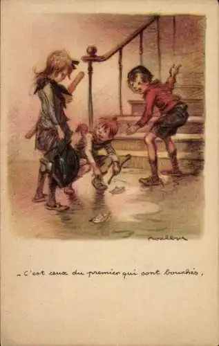 Künstler Ak Poulbot, Francisque, Kinder mit Papierbooten, Ligue nationale contre taudis