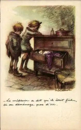 Künstler Ak Poulbot, Franciscque, Kinder, Baby schläft in einer Schublade
