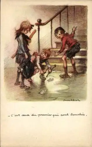 Künstler Ak Poulbot, Francisque, Kinder mit Papierbooten, Ligue nationale contre taudis