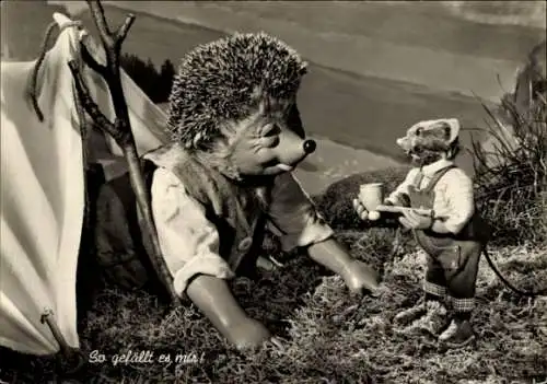Ak Mecki der Igel, So gefällt es mir, Zelt, Maus bringt Pfeife