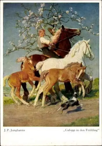Künstler Ak Junghanns, J. P., Galopp in den Frühling, Pferde, Hund