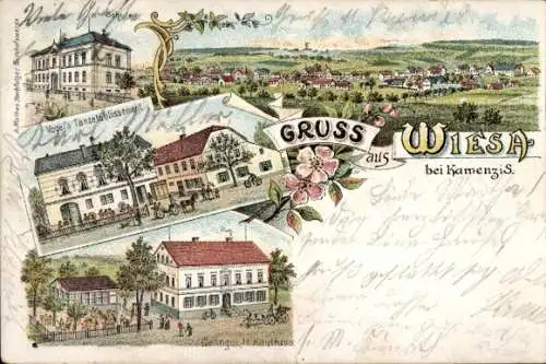 Litho Wiesa Kamenz in der Lausitz, Schule, Vogels Tanzetablissement, Gasthaus Kaulfuss