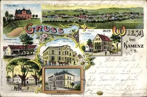 Litho Wiesa Kamenz in der Lausitz, Villa Remus, Gasthaus zur Eisenbahn, Post, Kreusels Mühle, Schule
