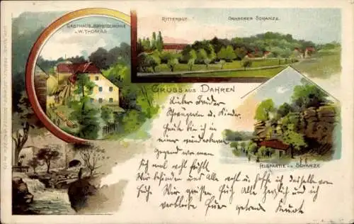 Litho Dahren Göda in der Oberlausitz, Gasthaus Schneidemühle W. Thomas, Dahrener Schanze, Rittergut