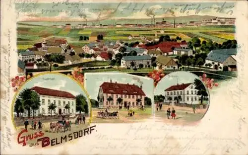 Litho Belmsdorf Bischofswerda in Sachsen, Panorama, Gasthof, Schule