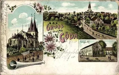 Litho Göda in der Oberlausitz, Gesamtansicht, Kirche, Gasthof zum Landgericht
