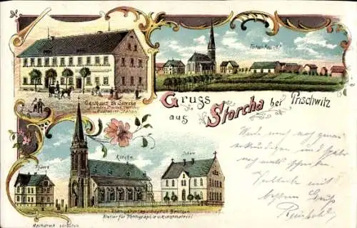 Litho Storcha Göda in der Oberlausitz, Totale, Gasthof zu Storcha, Kirche, Schule, Pfarre