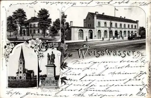 Litho Weißwasser in der Oberlausitz, Bahnhof, Post, Kirche, Kaiser-Monument