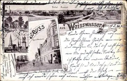Litho Weißwasser in der Oberlausitz, Gesamtansicht, Henriettenstraße, Ev. Kirche, Post, Denkmal