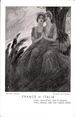 Künstler Ak Mauzan, France et Italie, Nationalallegorien
