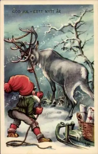 Ak Glückwunsch Neujahr, Weihnachten, Zwerg, Rentier