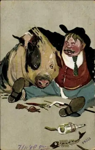 Litho Betrunkener Mann, Schwein