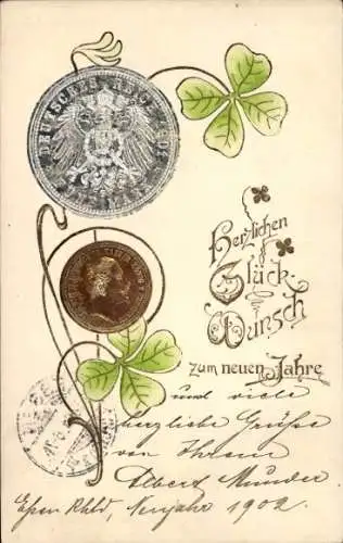 Präge Ak Glückwunsch Neujahr, Kleeblatt, Münze