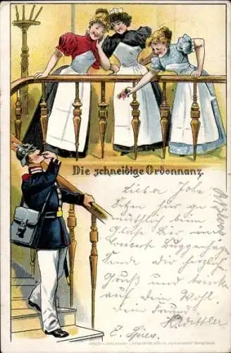 Litho Die schneidige Ordonnanz, Soldat mit Dienstmädchen