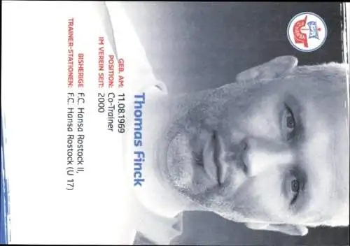 Autogrammkarte Co Trainer Thomas Finck, FC Hansa Rostock, Autogramm