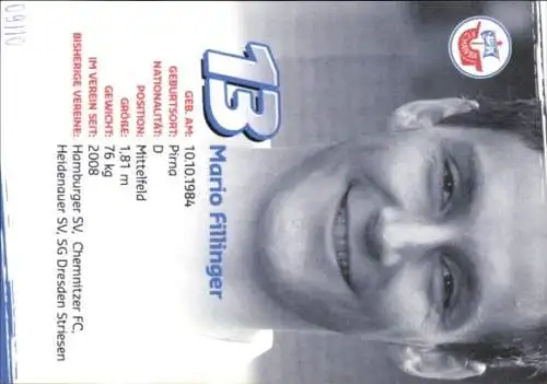 Autogrammkarte Fußballer Mario Fillinger, FC Hansa Rostock, Autogramm