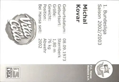 Autogrammkarte Fußballer Michal Kovar, FC Hansa Rostock, Autogramm