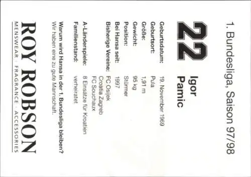 Autogrammkarte Fußballer Igor Pamic, FC Hansa Rostock, Autogramm