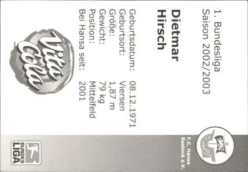 Autogrammkarte Fußballer Dietmar Hirsch, FC Hansa Rostock, Autogramm