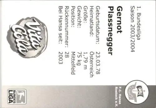 Autogrammkarte Fußballer Gernot Plassnegger, FC Hansa Rostock, Autogramm