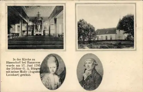 Ak Bissendorf Wedemark Region Hannover, Kirche, Dichter G. A. Bürgen, Molly, Augusta Leonhat, 1785