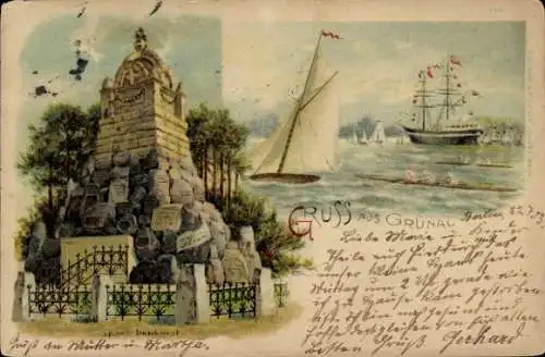 Litho Berlin Köpenick Grünau, Sportdenkmal, Segelschiff, Ruderer
