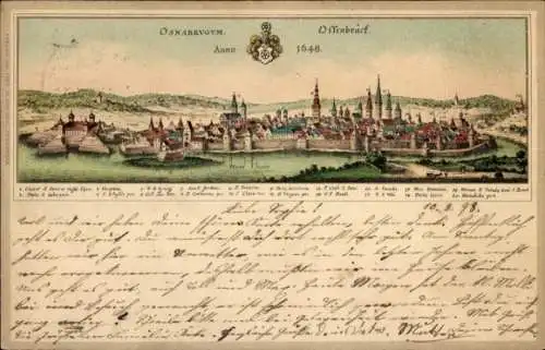 Litho Osnabrück in Niedersachsen, Stadtansicht anno 1648, Kirchtürme, Stadtmauer