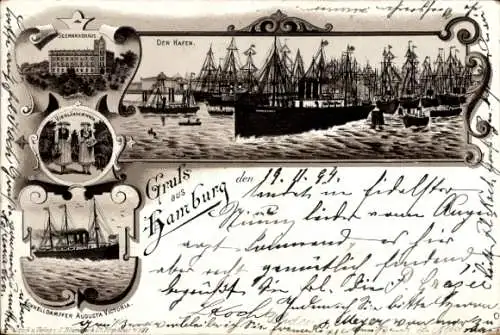 Litho Hamburg, Vierländerin, Seemannshaus, Hafen, Dampfer Augusta Victoria
