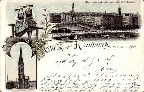 Litho Hamburg, Reesendammbrücke, Alsterarkaden, Vierländerin, Nicolaikirche