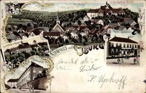 Litho Bad Iburg in Niedersachsen, Stadtpanorama, Schloss, Kloster, Hotel Gersemann