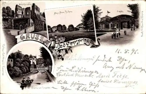 Litho Bad Lippspringe im Kreis Paderborn, Altes und Neues Kurhaus, Tempelherrenburg, Trinkhalle