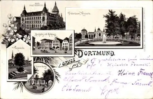 Litho Dortmund im Ruhrgebiet, Postgebäude, Fredenbaum, Marktplatz, Rathaus, Vehmlinde, Kronenburg