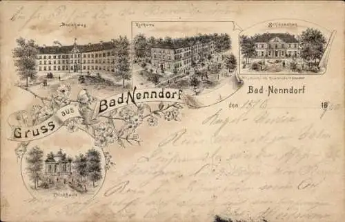 Litho Bad Nenndorf an der Weser, Badehaus, Kurhaus, Schlösschen, Trinkhalle