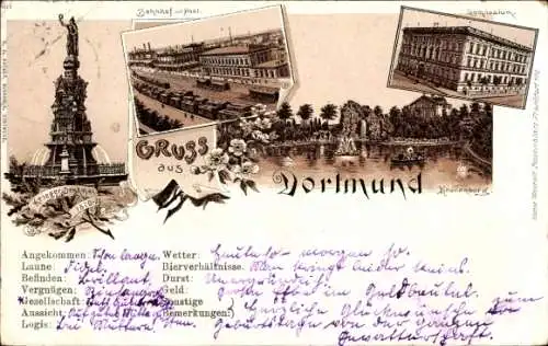 Litho Dortmund im Ruhrgebiet, Kriegerdenkmal, Bahnhof mit Post, Kronenburg, Gymnasium