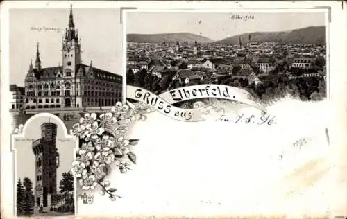Litho Elberfeld Wuppertal, Gesamtansicht, Neues Rathaus, Turm