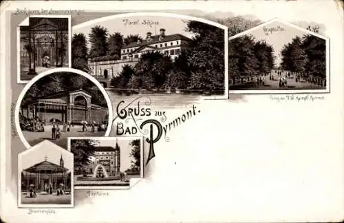Litho Bad Pyrmont in Niedersachsen, Schloss, Hauptallee, Fontaine, Brunnenplatz, Brunnentempel