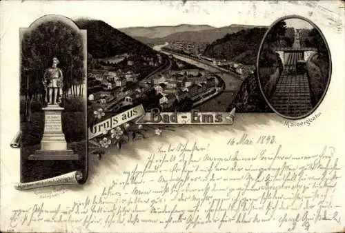 Vorläufer Litho Bad Ems an der Lahn, Kaiser Wilhelm Denkmal, Panorama, Malbergbahn, Standseilbahn