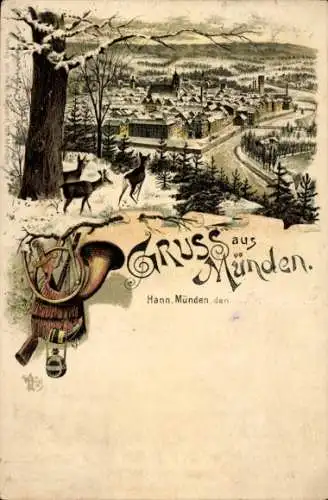 Litho Hann. Münden in Niedersachsen, Winteransicht, Rehe, Jagdmotiv