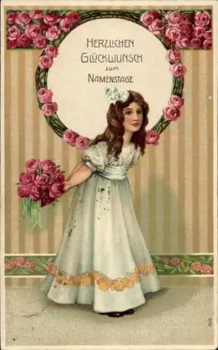 Präge Ak Glückwunsch zum Namenstag, Mädchen mit Blumenstrauß, Rosen