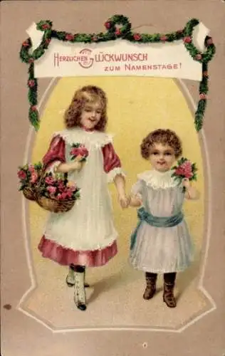 Präge Litho Glückwunsch zum Namenstag, Kinder mit Blumen
