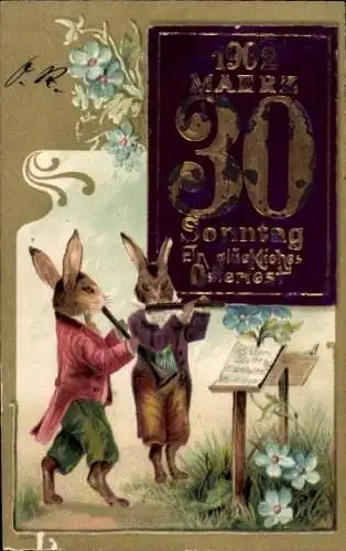 Präge Ak Frohe Ostern, Osterhasen musizieren, Kalenderblatt 30. März 1902