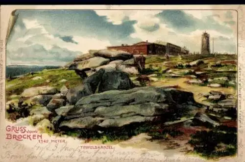 Ak Brocken im Harz, Blick auf den  Teufelskanzel, Hotel, Wanderer, Felsen, Berglandschaft