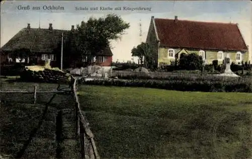 Ak Ockholm in Nordfriesland, Schule, Kirche, Kriegerehrung, Landschaft