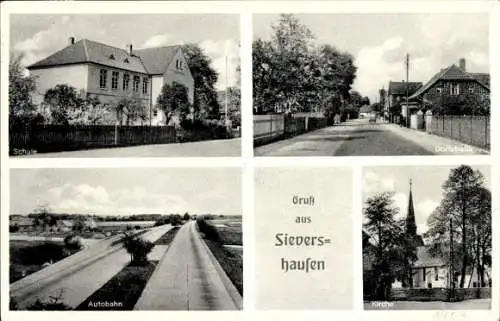 Ak Sievershausen Lehrte in Niedersachsen, Schule, Dorfstraße, Autobahn, Kirche, Jahr 1959