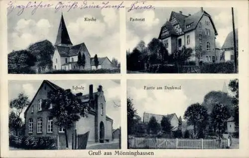 Ak Mönninghausen Geseke in Westfalen, Kirche, Pastorat, Schule, Denkmal